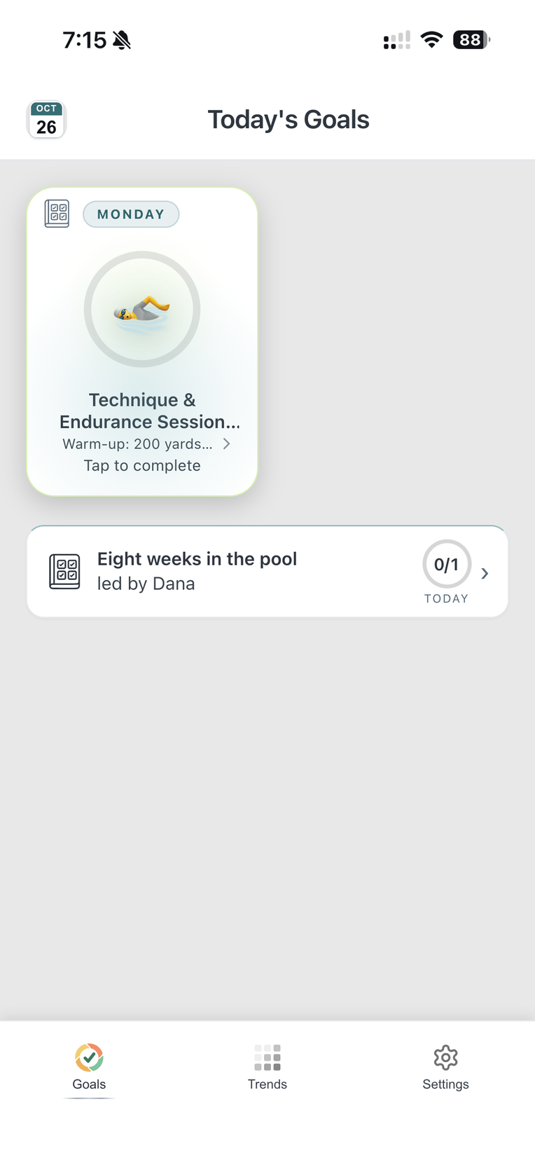 Theo's Goals page on Monday: Technique & Endurance Session