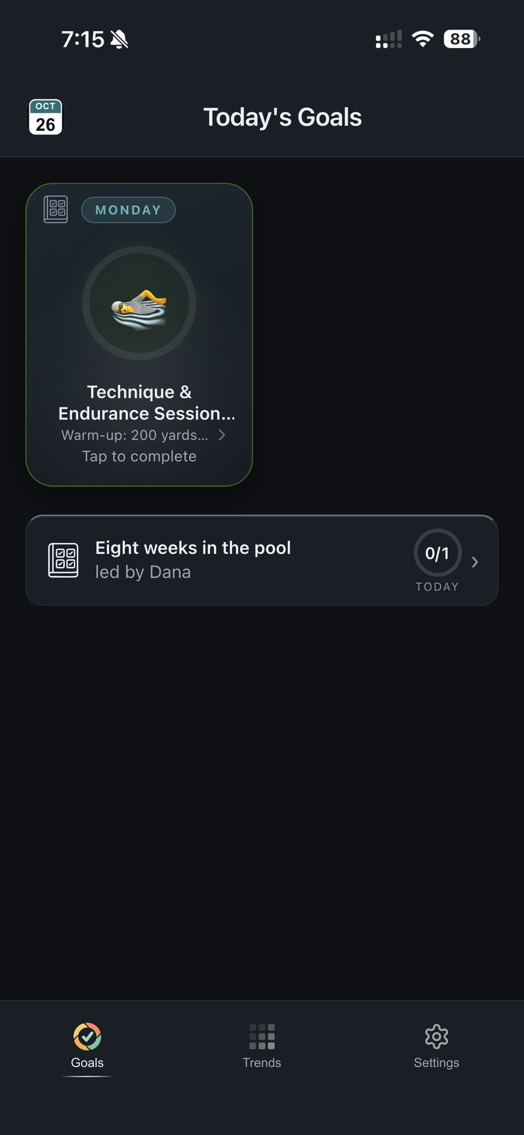 Theo's Goals page on Monday: Technique & Endurance Session