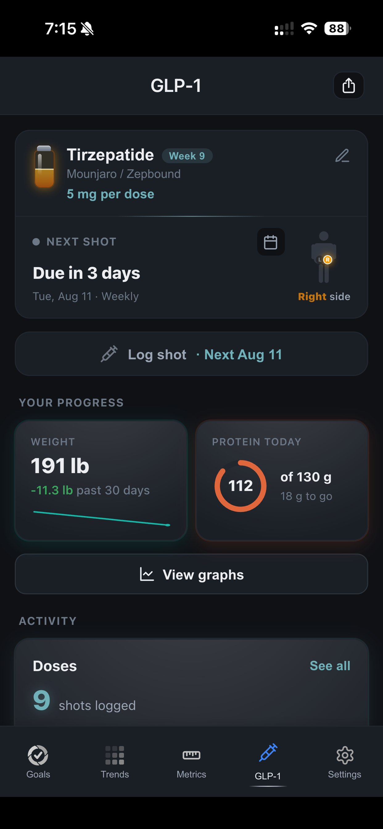 GLP-1 overview in DailyQuad: medication, next shot, weight, and protein