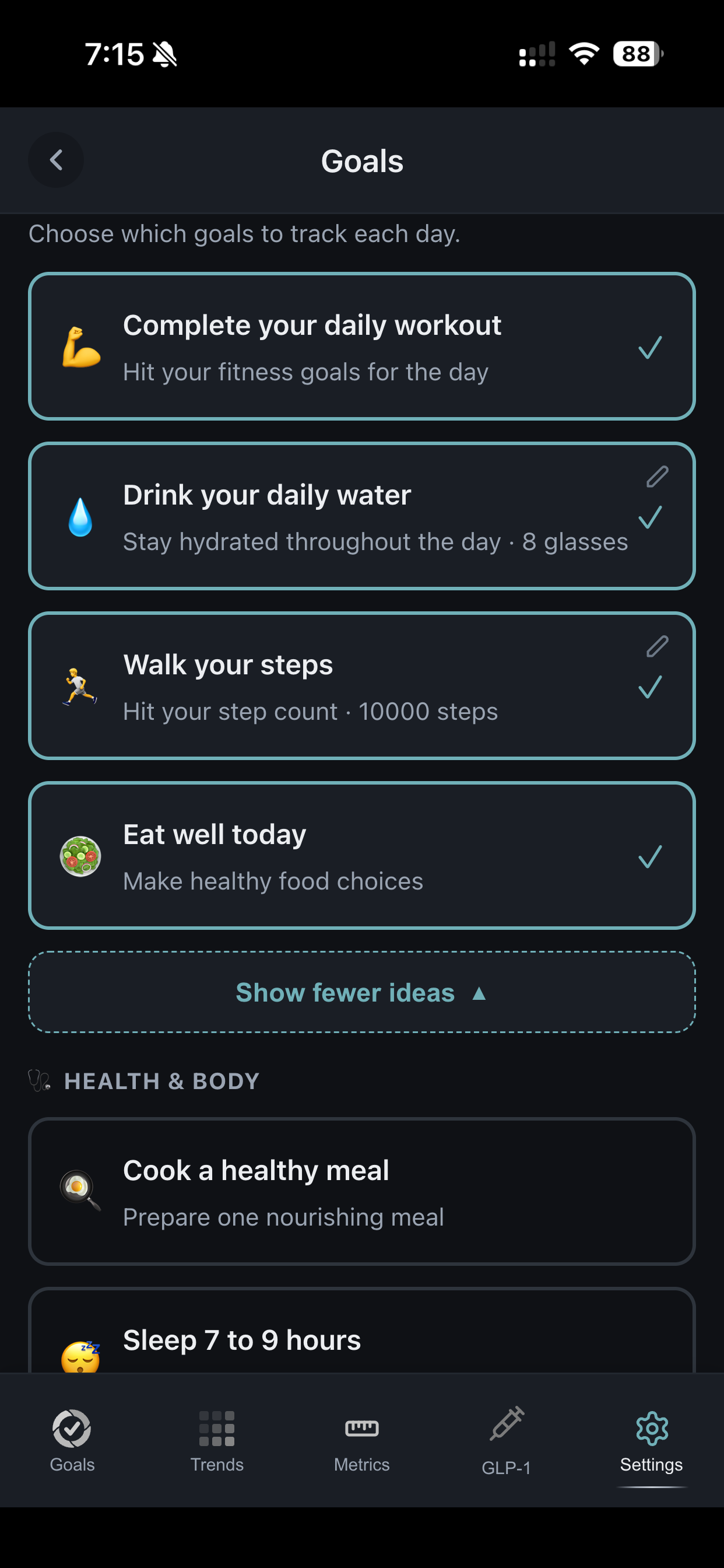 Goal library: hydrate, workout, move, sleep, meditate, read